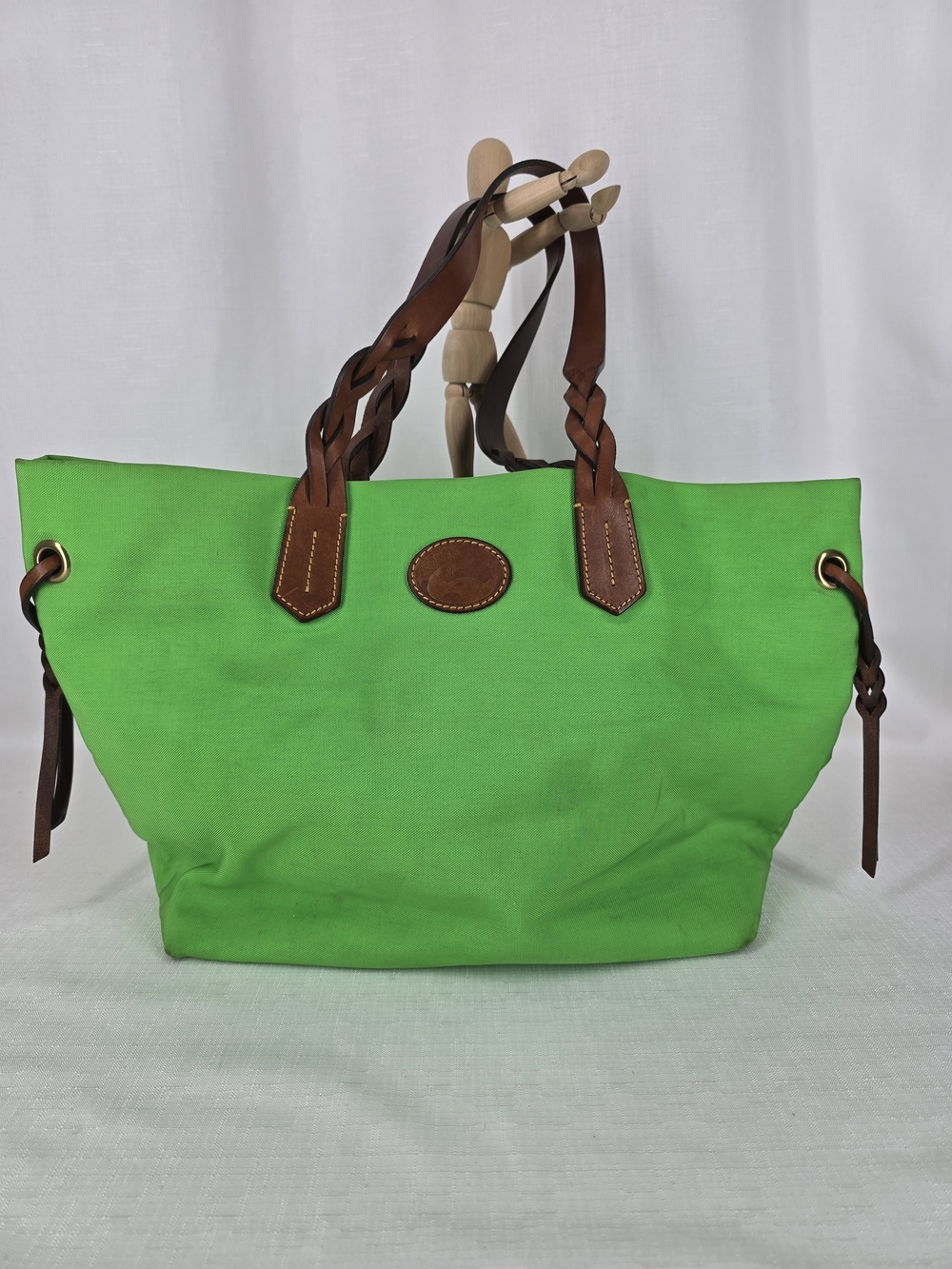 Dooney & Bourke Bright Green Canvas Tote with Braided Brown Leather Handles